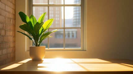 A bright green potted plant placed on a wooden table by a window, with warm sunlight pouring in, creating a cozy and natural indoor environment.