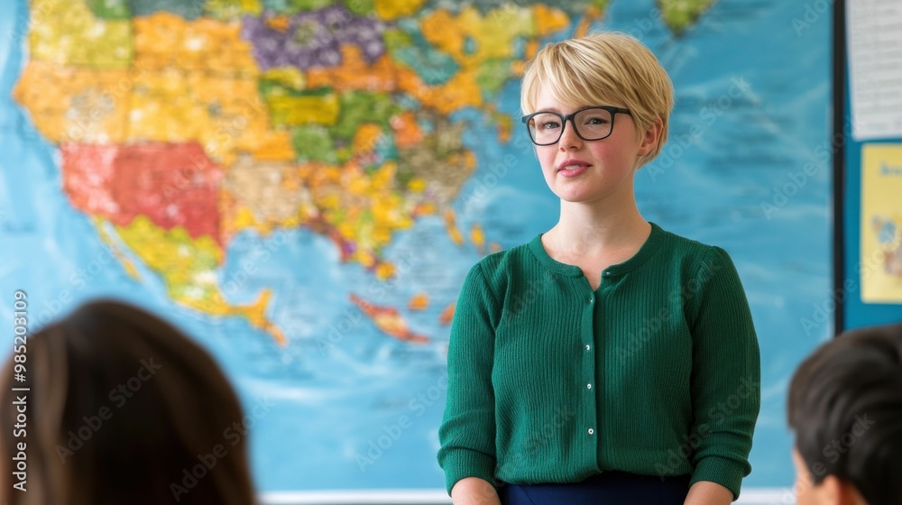 A teacher standing in front of a large world map in a classroom ...