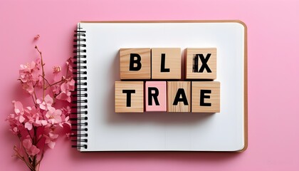 Wall Mural - Stylish display of BLOCK TRADE text on pink paper surrounded by colorful notebooks