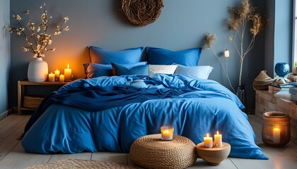 Wall Mural - Serene bedroom oasis featuring blue bedding and warm decorative candles for a perfect home comfort ambiance