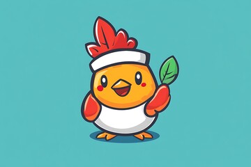 Poster - Cute cartoon illustration of a chicken holding a green leaf. Adorable mascot design with vibrant colors for kids or brands.