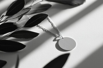 Poster - Silver Chain with Circular Pendant and Leaf Shadows on White Surface