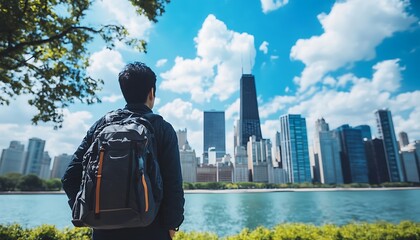 Man with Backpack Admiring the City Skyline