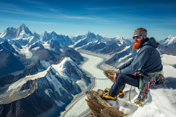 A pro climber sitting on the top of a mountain overlooking the snowy Alps. Climbing, travel and extreme sport concept