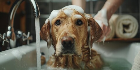 An individual giving a dog a bath in a tub, using soap and a showerhead, while the dog seems calm and cooperative.