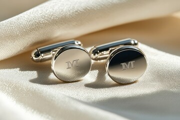 Sticker - Pair of Silver Cufflinks with Engraved Letter M on a White Fabric Background