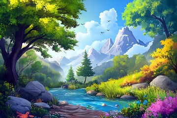 Wall Mural - Vibrant Mountain Landscape with River, Trees, and Blue Sky, Perfect for Nature Lovers