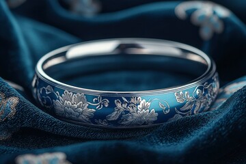 Sticker - Blue and Silver Floral Bangle on a Blue Fabric Background