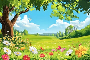 Wall Mural - Beautiful spring meadow with blooming wildflowers, green grass, a large tree, and blue sky