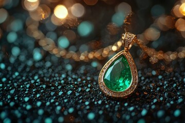 Sticker - Emerald Gemstone Pendant Necklace on Glittering Surface