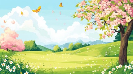 Canvas Print - A picturesque springtime landscape with blooming trees and butterflies.