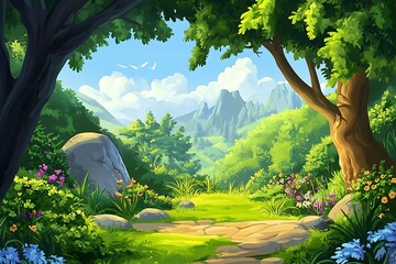 Poster - Stone Path Through Lush Green Forest Landscape with Mountain Range