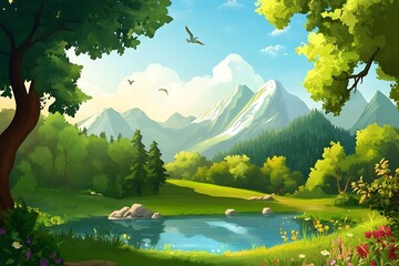 Wall Mural - Beautiful mountain landscape with blue lake and green meadow, perfect for wallpaper or nature background