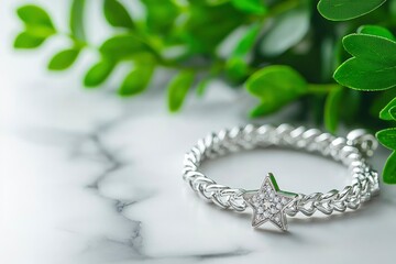 Poster - Silver Star-Shaped Ring on White Marble Surface with Green Foliage in the Background