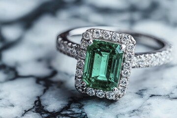 Sticker - Close-up of an Emerald Engagement Ring on a Marble Surface