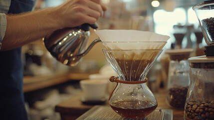 Wall Mural - A barista expertly preparing a pour-over coffee, with a focus on the coffee drip and brewing process.