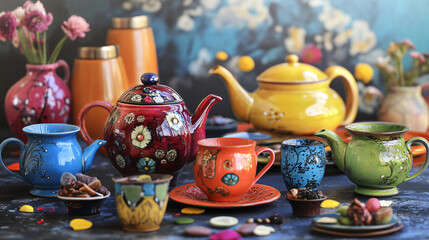 Wall Mural - An artistic tea arrangement with vibrant teapots, an assortment of tea blends, and colorful teacups.