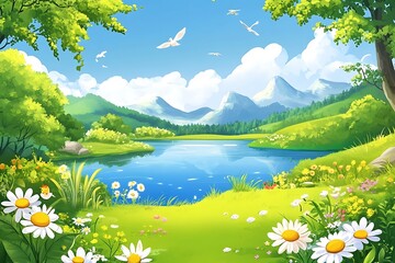 Wall Mural - Cartoon Landscape with Mountain Lake, Daisies, Birds, and Green Trees. Ideal for Children's Book Illustration or Background