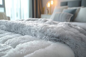 Wall Mural - Close-up of a Soft White Furry Blanket on a Bed