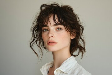 Wall Mural - Portrait of a Woman with Freckles and Wavy Brown Hair