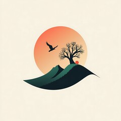 Poster - Minimalist Sunset Landscape with Bird and Tree Silhouette