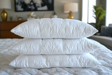 Wall Mural - Three White Pillows Stacked on a Wrinkled Bed