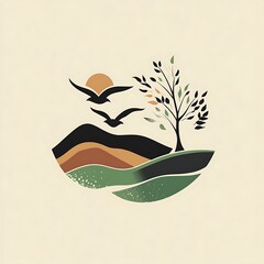 Poster - Abstract Landscape Illustration with Mountains, Tree, Birds, and Sun