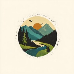 Canvas Print - Minimalist Mountain Landscape with River and Sunset in Circle