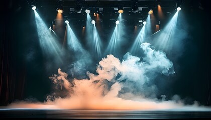 Wall Mural - Eerie glow of dramatic stage lights illuminating swirling smoke in an atmospheric performance setting