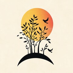 Poster - Minimalist Sunset Illustration with Trees and Birds Silhouette