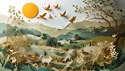 Wall Mural - Whimsical Paper Cut Out Countryside Landscape Featuring Sun, Birds, and Playful Animals