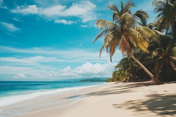 Poster - Tropical beach with palm trees, white sand, turquoise water, and blue sky with clouds. Idyllic tropical paradise.