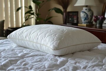 Sticker - A White Pillow with a Quilted Design Rests on a Crisp White Bedspread