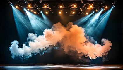 Wall Mural - Eerie glow of dramatic stage lights illuminating swirling smoke in an atmospheric performance setting