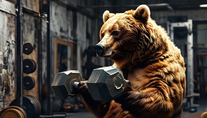 Wall Mural - Surreal gym scene with a powerful bear lifting heavy weights, embodying the essence of strength and determination.