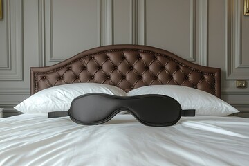 Sticker - Black Sleep Mask on a White Bed with Brown Leather Headboard