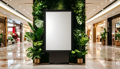 Wall Mural - Elegant blank billboard surrounded by lush plant decor in a luxurious shopping mall setting