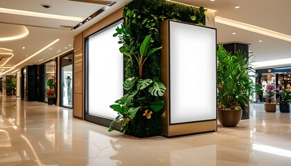 Wall Mural - Elegant blank billboard surrounded by lush plant decor in a luxurious shopping mall setting