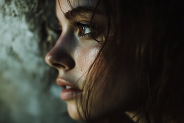 Sticker - Closeup portrait of woman with tear on face, sad and looking away, profile view