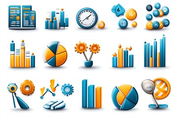 Poster - Business analytics icons, including bar graphs, pie charts, and data points arranged in a clean, modern layout