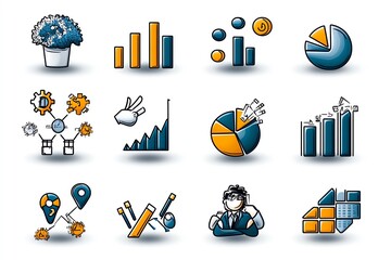 Poster - Business analytics icons, including bar graphs, pie charts, and data points arranged in a clean, modern layout