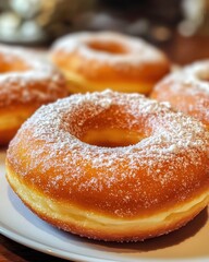 Close-up of freshly baked donuts with powdered sugar on a white plate, creating a tempting and delicious dessert scene.