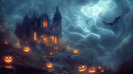 Wall Mural - A Halloween themed painting of a house with a bat flying over it