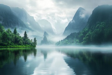 Poster - Misty Mountain Lake with Reflection, Scenic Nature Landscape Photography