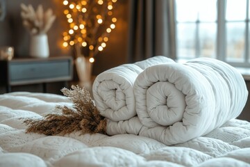 Sticker - Rolled White Comforter on a White Bed with Dried Pampas Grass