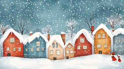 Sticker - A snowy winter scene with a row of colorful houses.