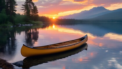 Wall Mural - Tranquil sunset over serene lake with a canoe gently floating in peaceful nature surroundings