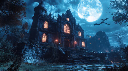 Wall Mural - In this eerie scene, a castle is enveloped in darkness, with bats soaring around it beneath the haunting glow of a full moon.