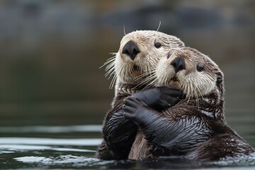 Two sea otters hold each other in a lake. Soft focus highlights their cuddly fur. Gentle creatures interact, surrounded by calm water. Serene scene, natural habitat, outdoor wildlife.