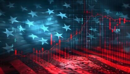 Stock market graph with USA flag background.